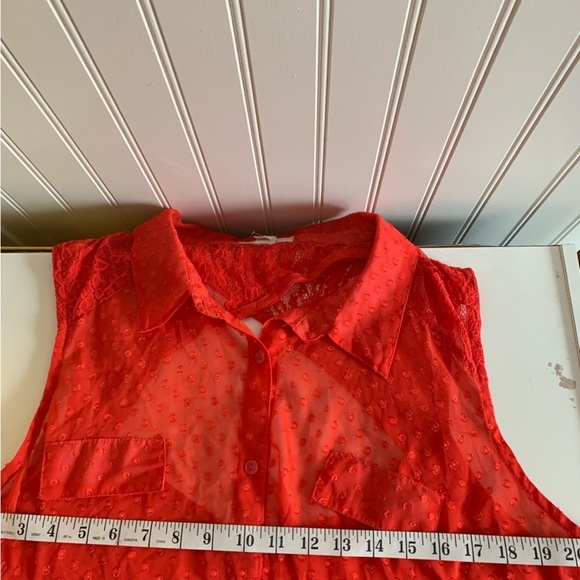 Orange/Red Sleeveless Pont d’Esprit Chiffon and Lace Button Down, size 2X - Picture 5 of 7